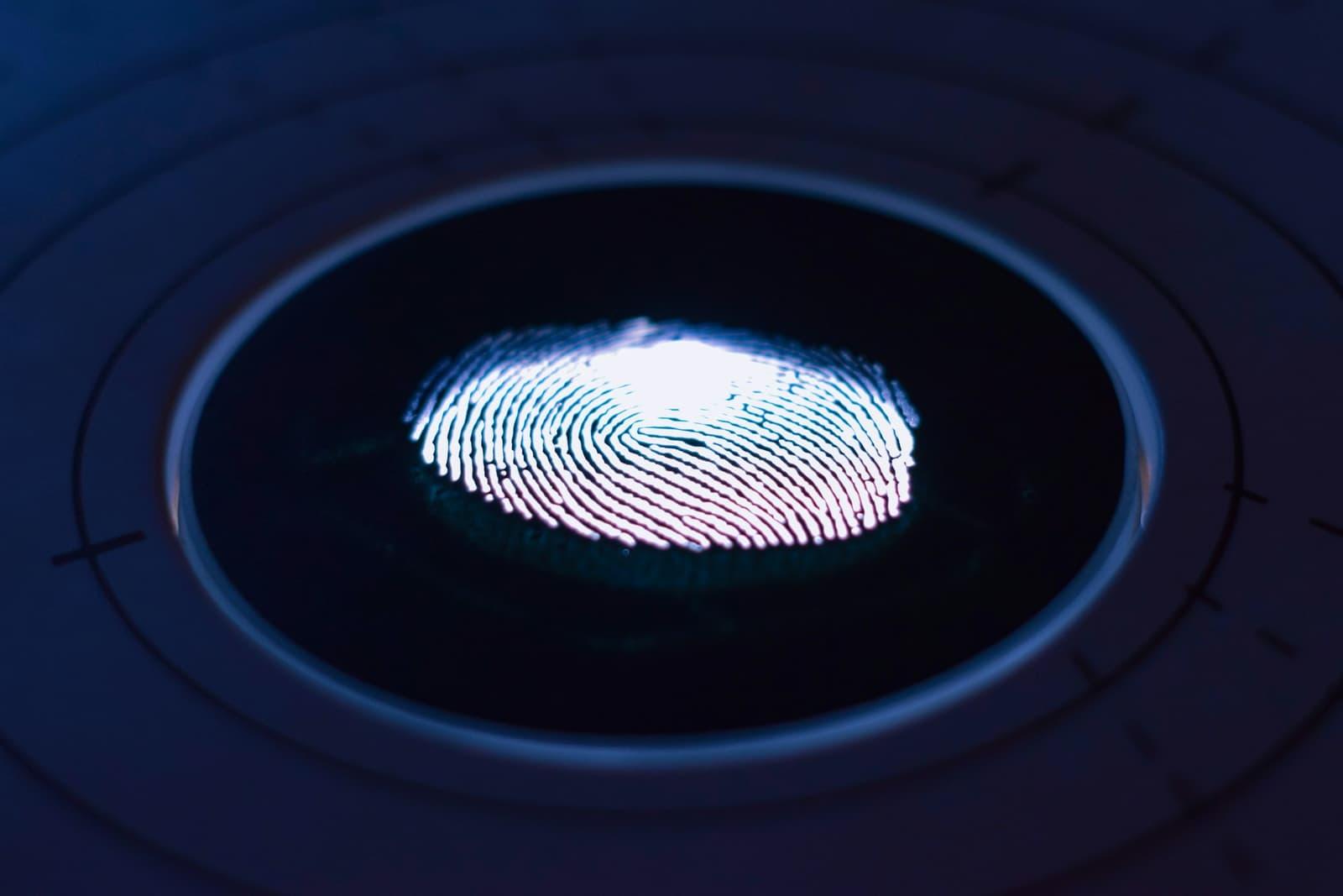 A fingerprint illuminated on the glass of a biometric reader.