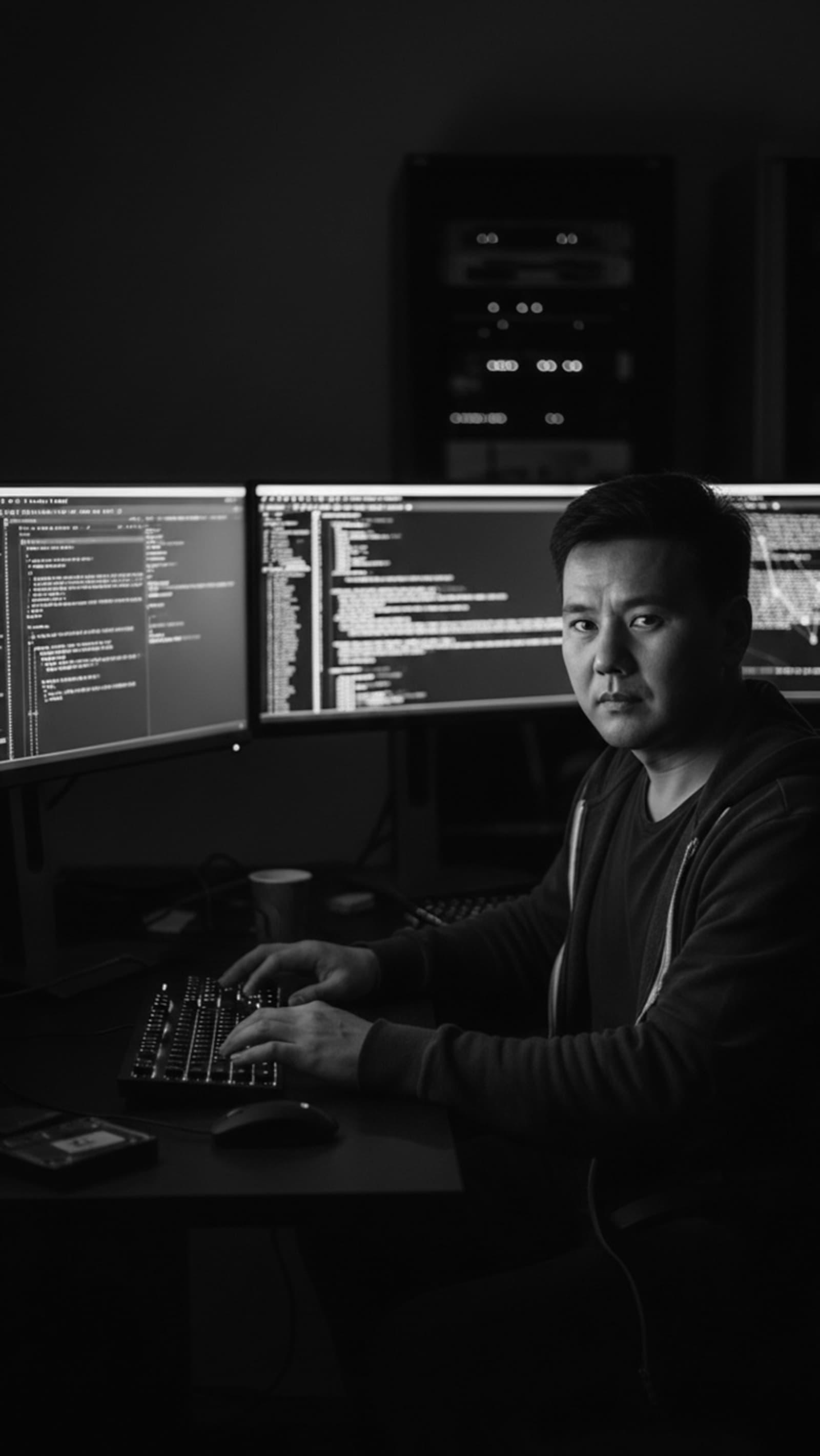 An engineer at a multi-monitor workstation beside a server rack, in near-darkness.